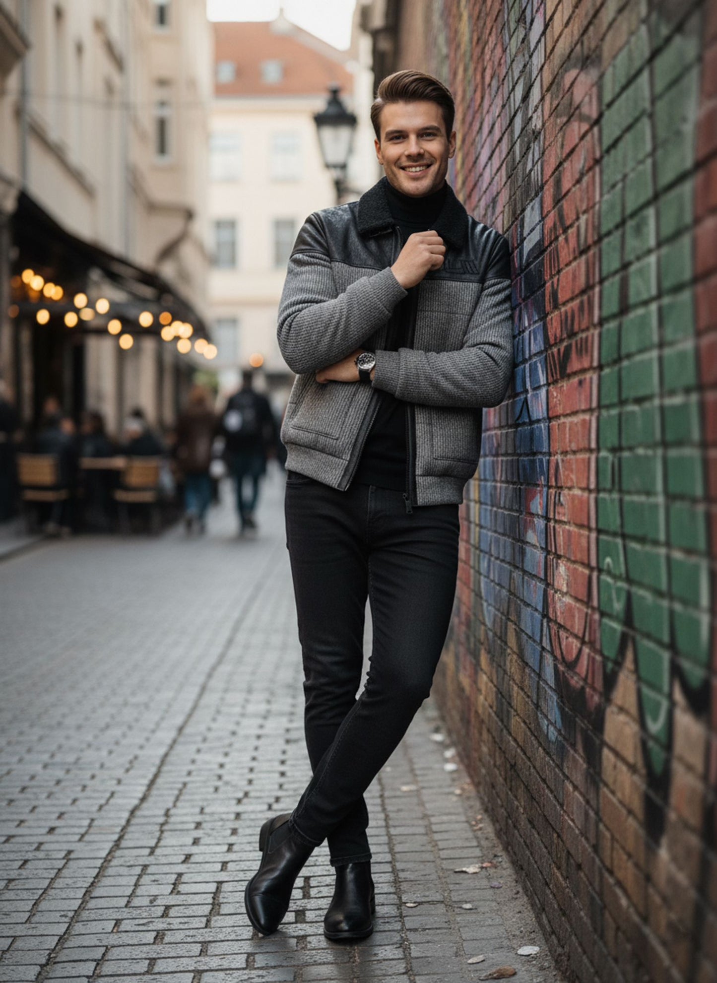 Man leaning against a colorful wall in an urban setting