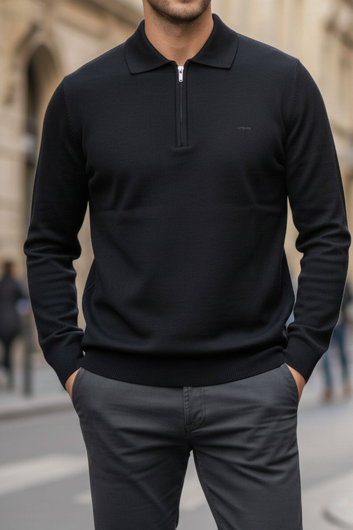 Slim-fit Knitted Quarter-Zip Polo Sweater in Black