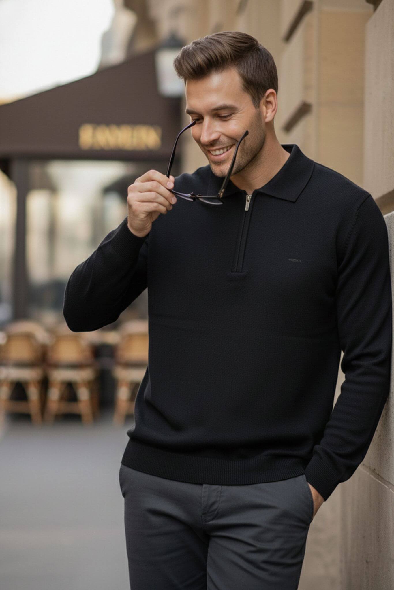 Slim-fit Knitted Quarter-Zip Polo Sweater in Black