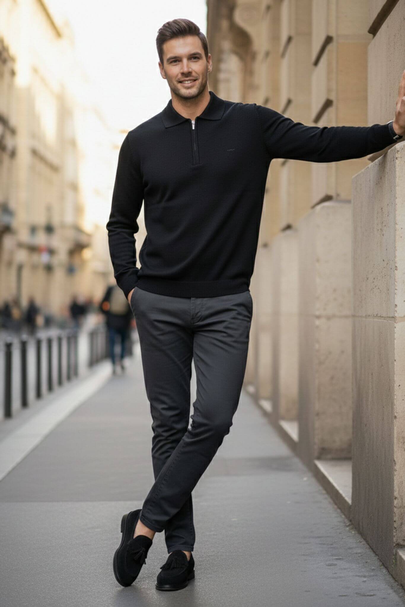 Slim-fit Knitted Quarter-Zip Polo Sweater in Black