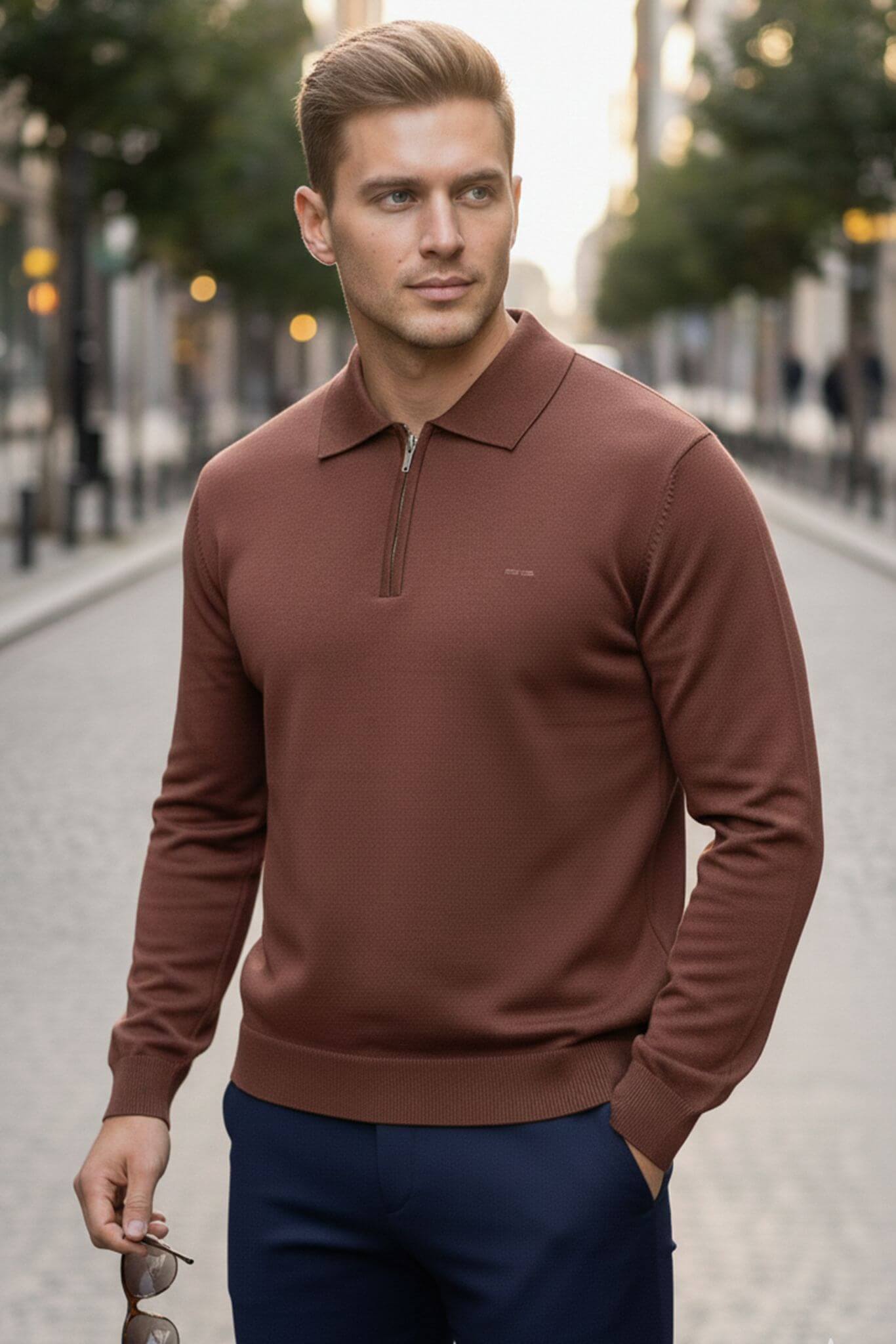Slim-fit Knitted Quarter-Zip Polo Sweater in Tile