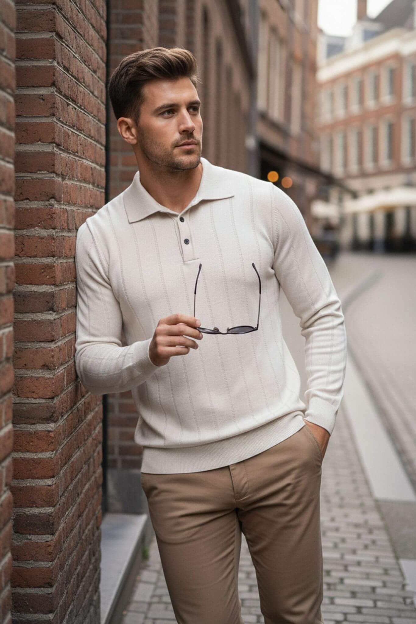 Man in a Slim-fit Ribbed Knitted Polo Sweater in Beige and beige pants leaning against a brick wall on a city street.