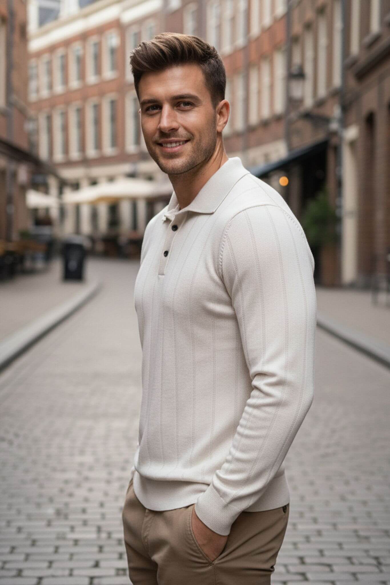Man wearing a Slim-fit Ribbed Knitted Polo Sweater in Beige and beige pants on a city street.