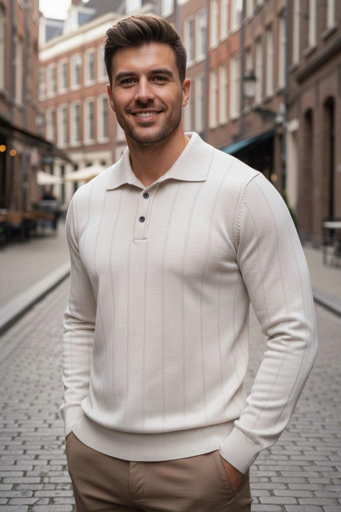 Man wearing a Slim-fit Ribbed Knitted Polo Sweater in Beige and beige pants standing on a city street.