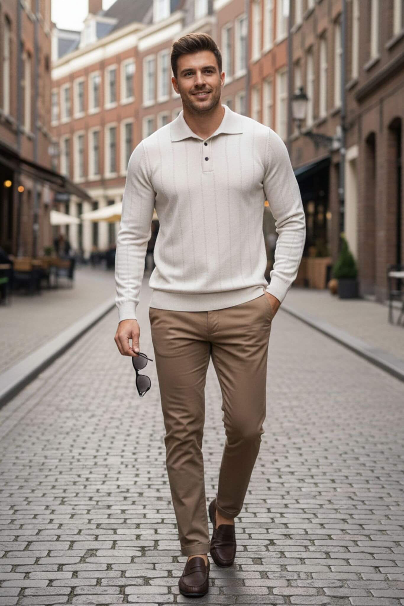 Man walking on a street wearing a light-colored sweater and beige pants.