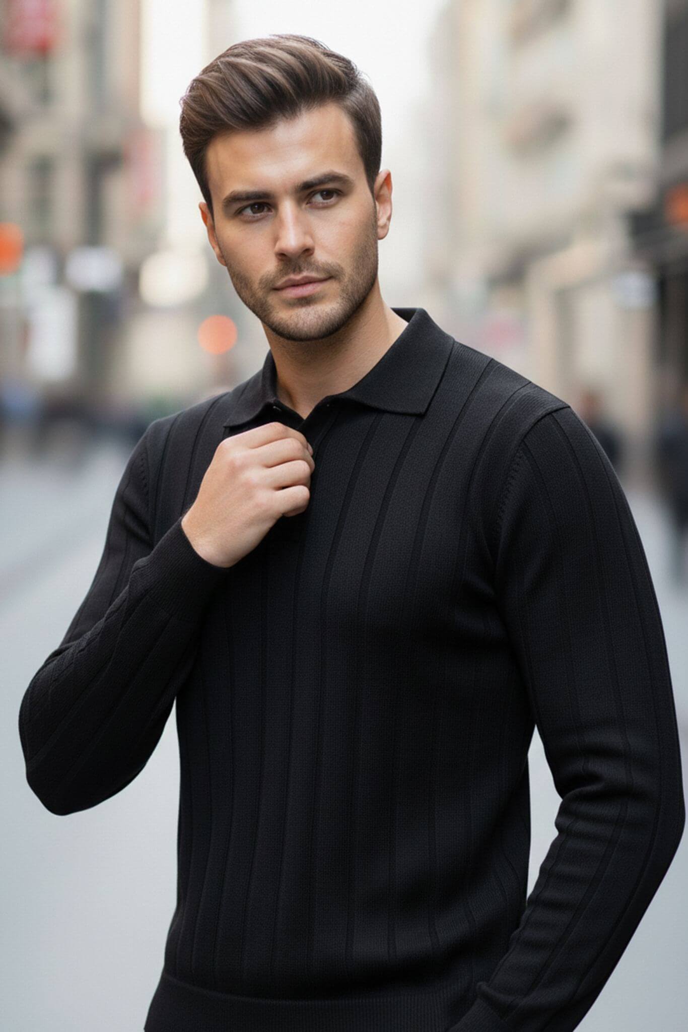 Man wearing a Slim-fit Ribbed Knitted Polo Sweater in Black on a blurred city street background