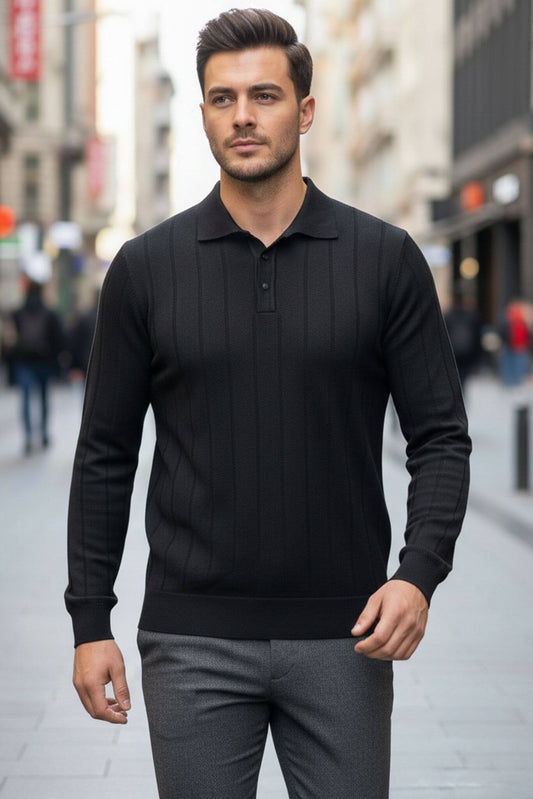 Man wearing a Slim-fit Ribbed Knitted Polo Sweater in Black and gray pants on a city street