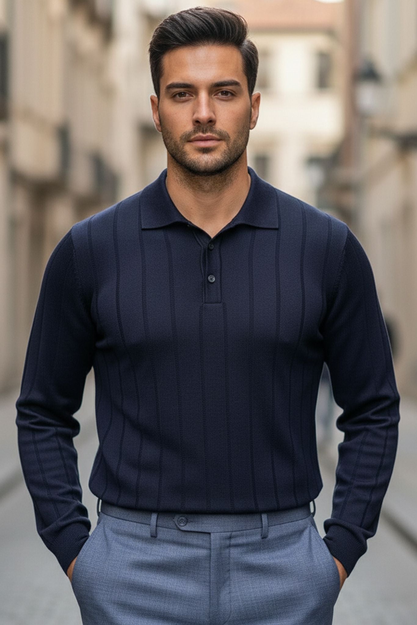 Man wearing a Slim-fit Ribbed Knitted Polo Sweater in Navy Blue and light gray pants standing in an urban setting.