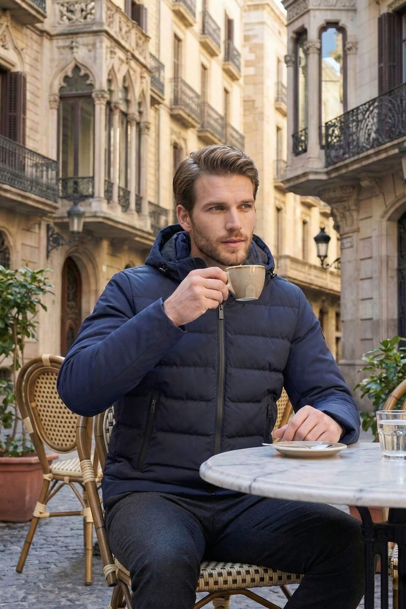 Man in a blue puffer jacket drinking from a coffee cup in an urban setting.