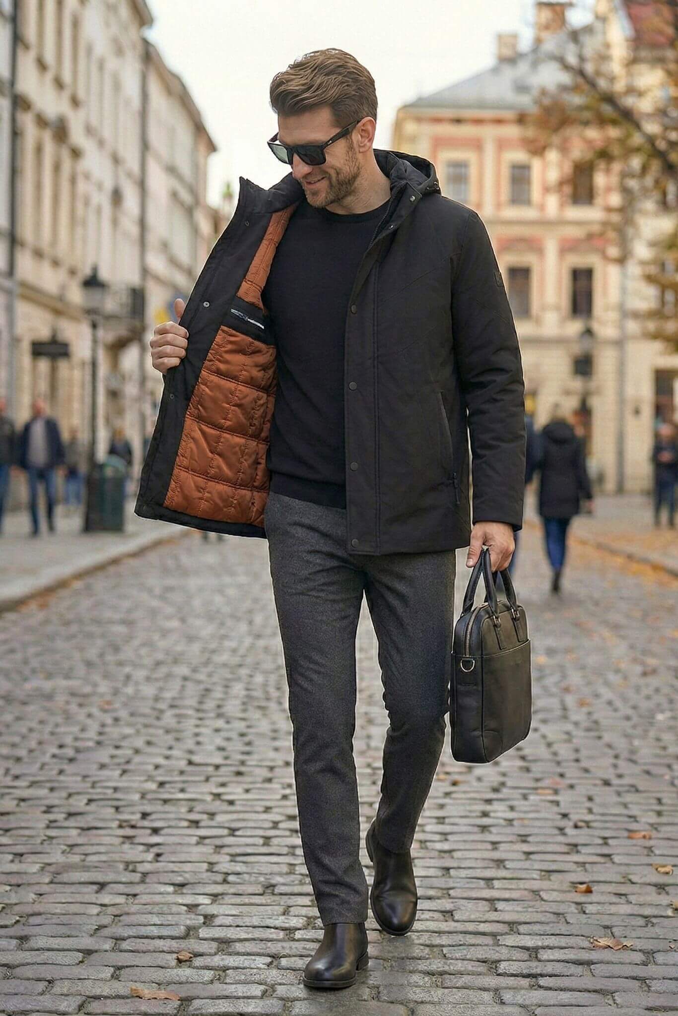Man walking on a cobblestone street wearing a black coat and carrying bags.