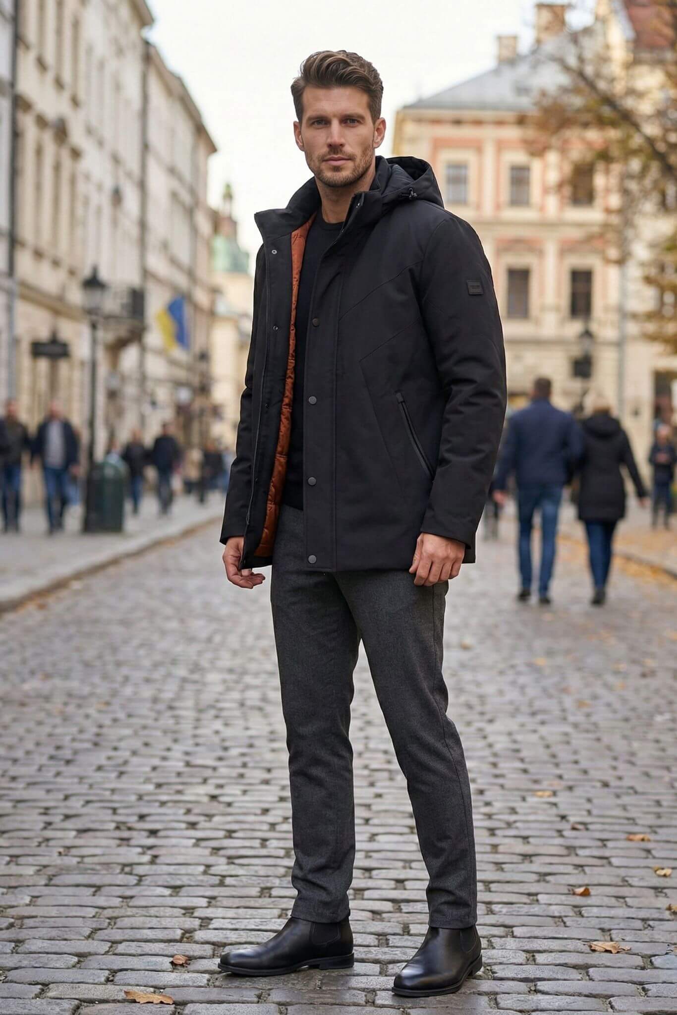 Man wearing a black coat and pants standing on a city street.