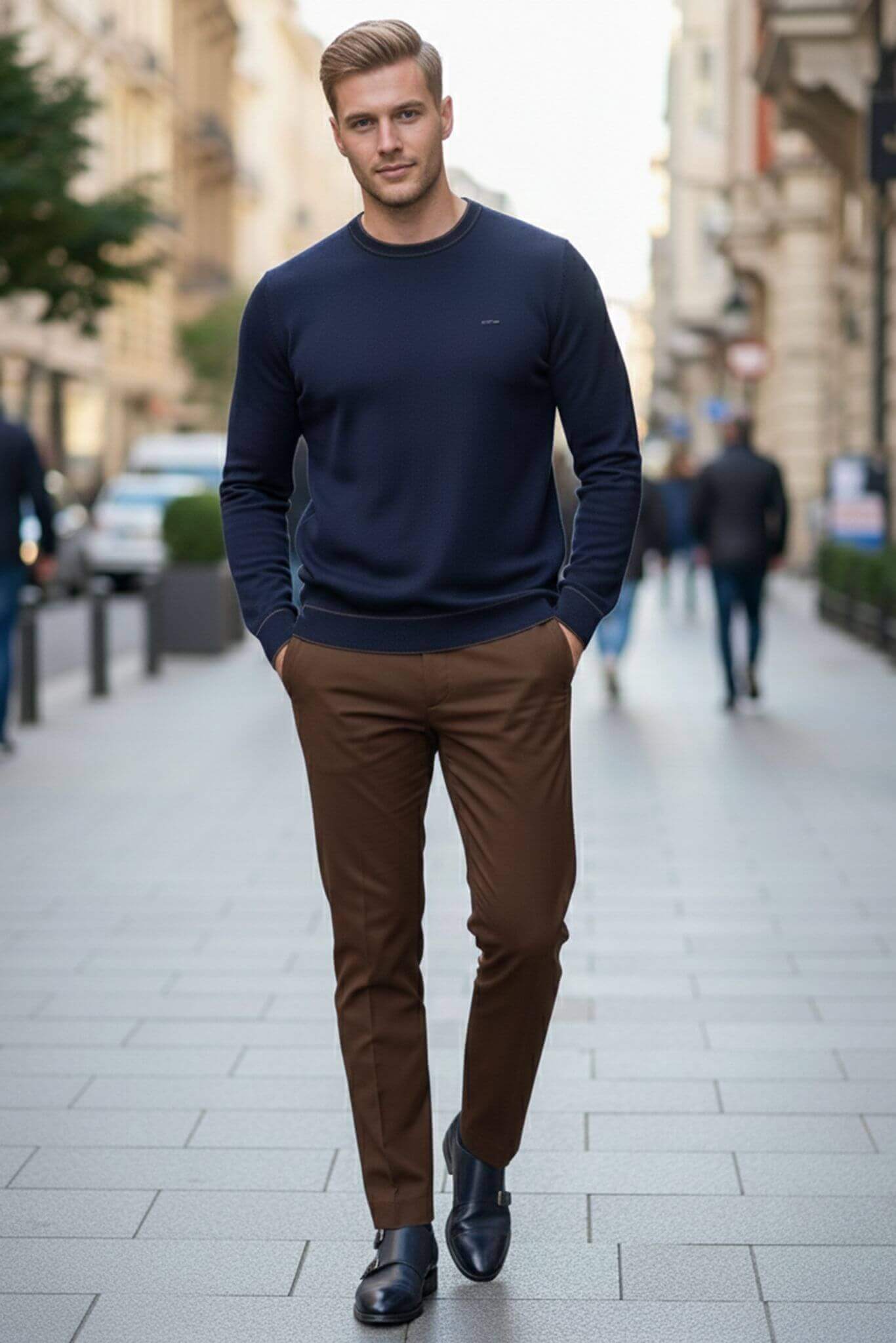 Man wearing a navy sweater and brown pants walking on a city street.