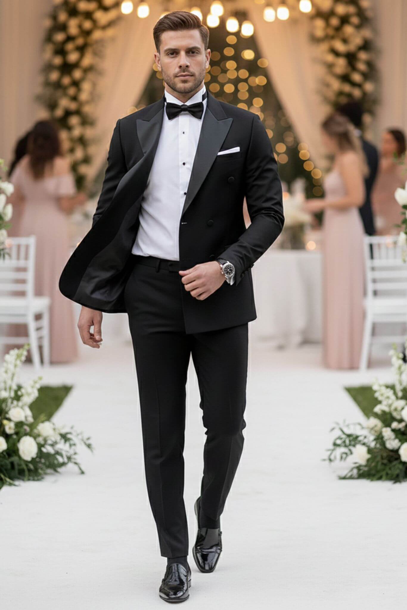 Man in a black tuxedo standing in an elegant outdoor setting with floral decorations.
