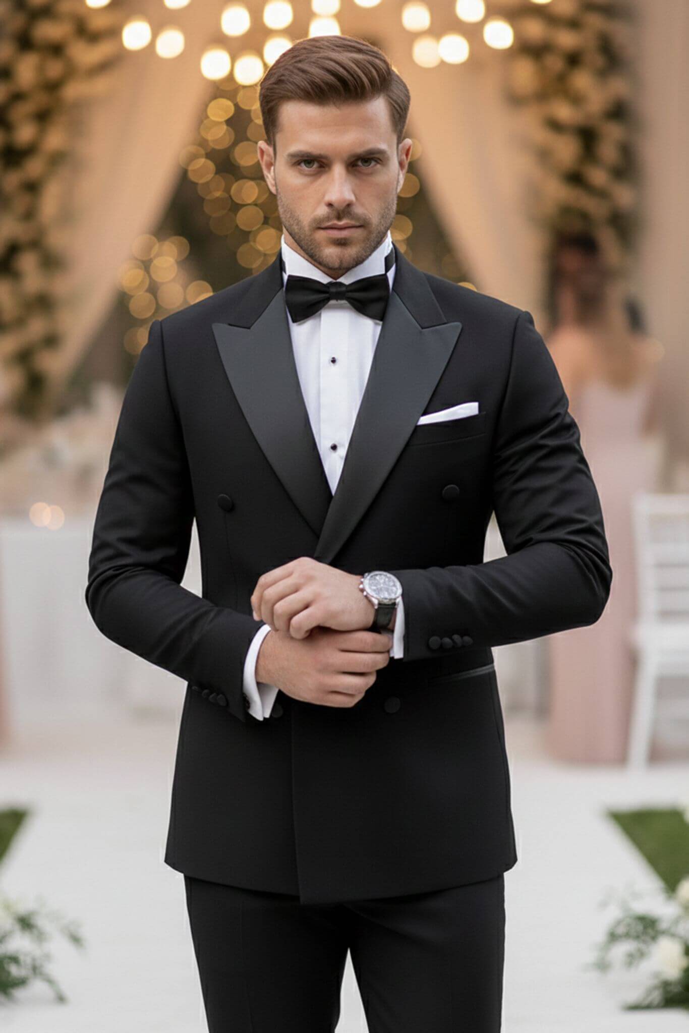 Man in a black tuxedo with a bow tie standing in an elegant outdoor setting.