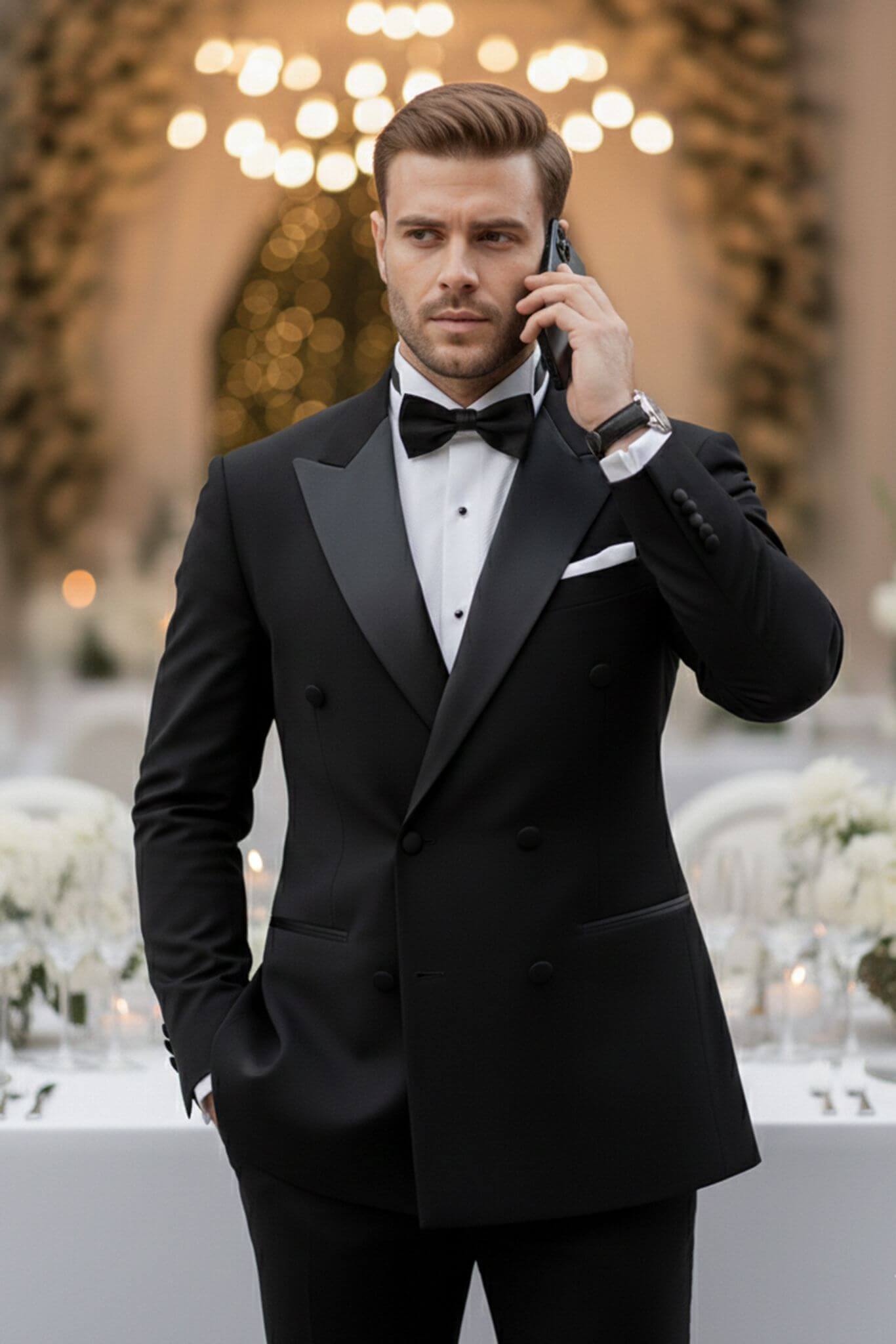 Man in a black tuxedo talking on a phone at an elegant event.