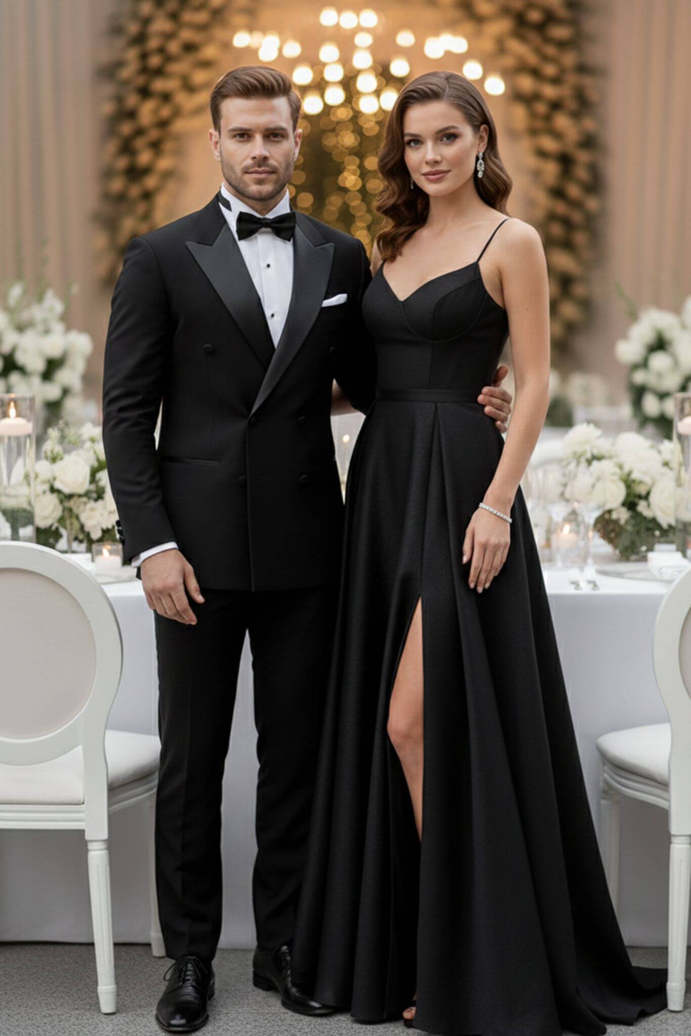 Man in tuxedo and woman in black evening gown standing together at a formal event.