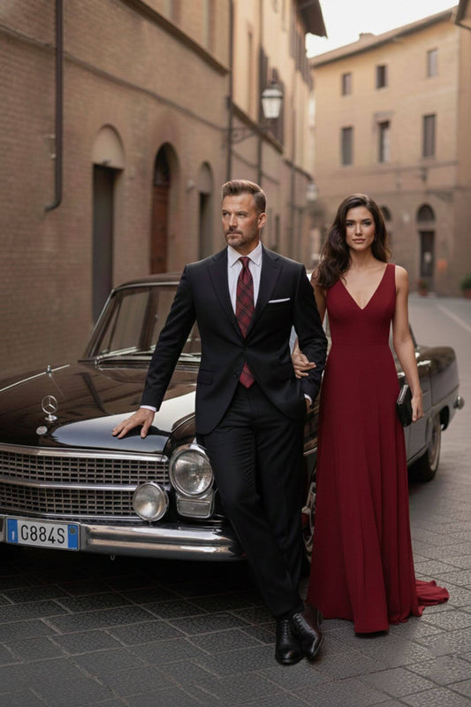 Man in suit and woman in red dress standing next to a vintage car on a street.