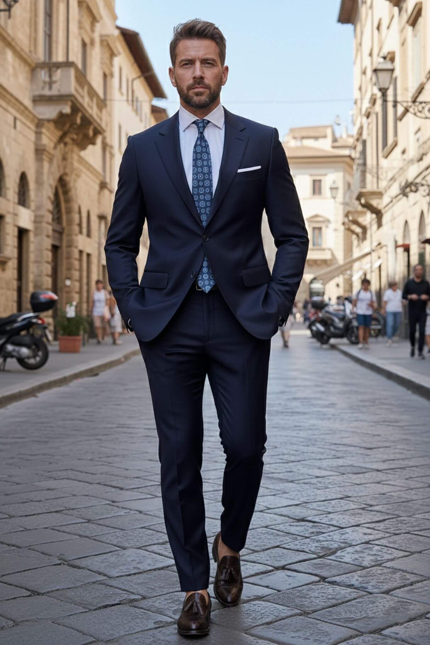 Man in a navy suit walking down a city street