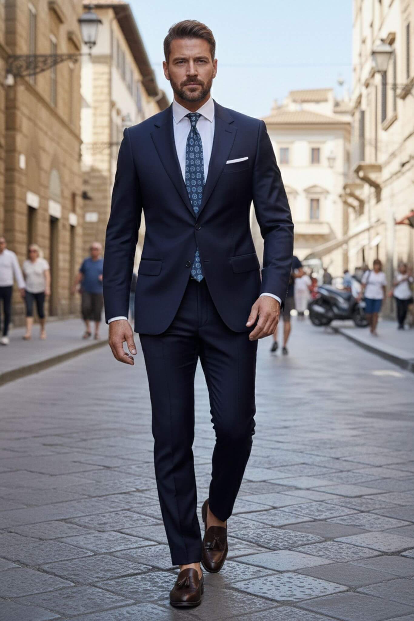 Man in a navy suit walking down a city street