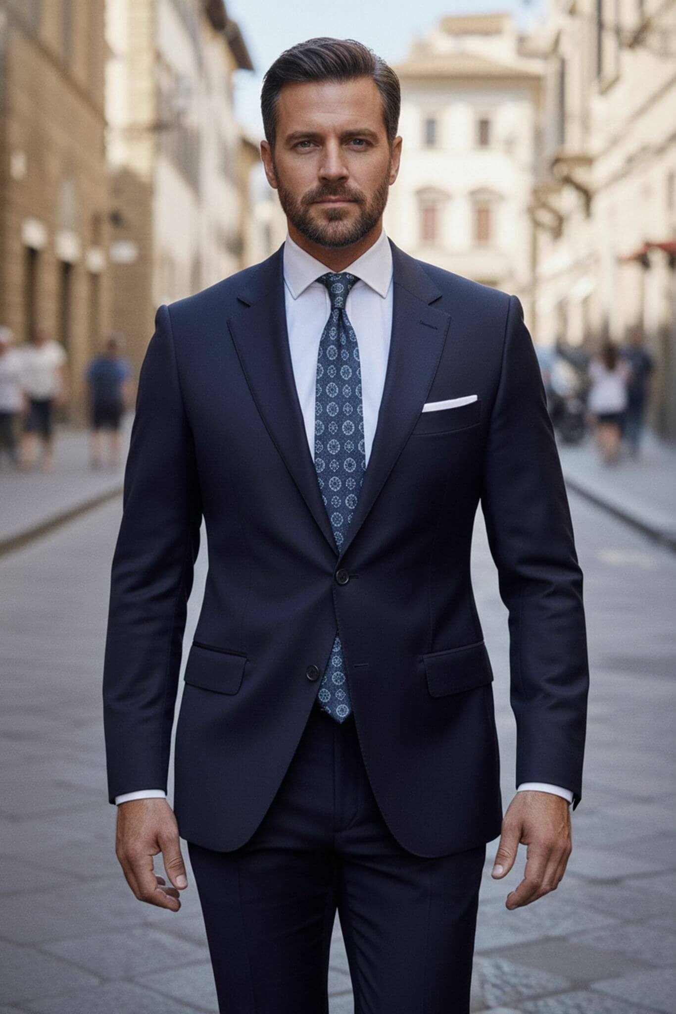 Man wearing a navy suit with a patterned tie on a city street