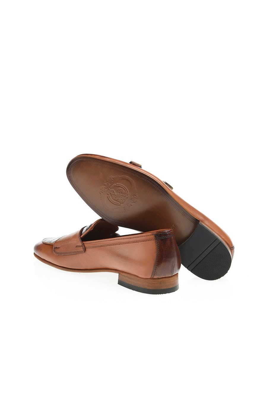 Tan Leather Double Monk Strap Loafers with Toe Cap