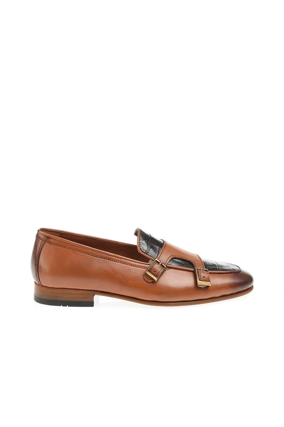 Tan Leather Double Monk Strap Loafers with Toe Cap