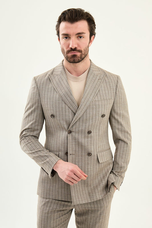 Taupe Brown Slim Fit Double Breasted Pinstripe Blazer