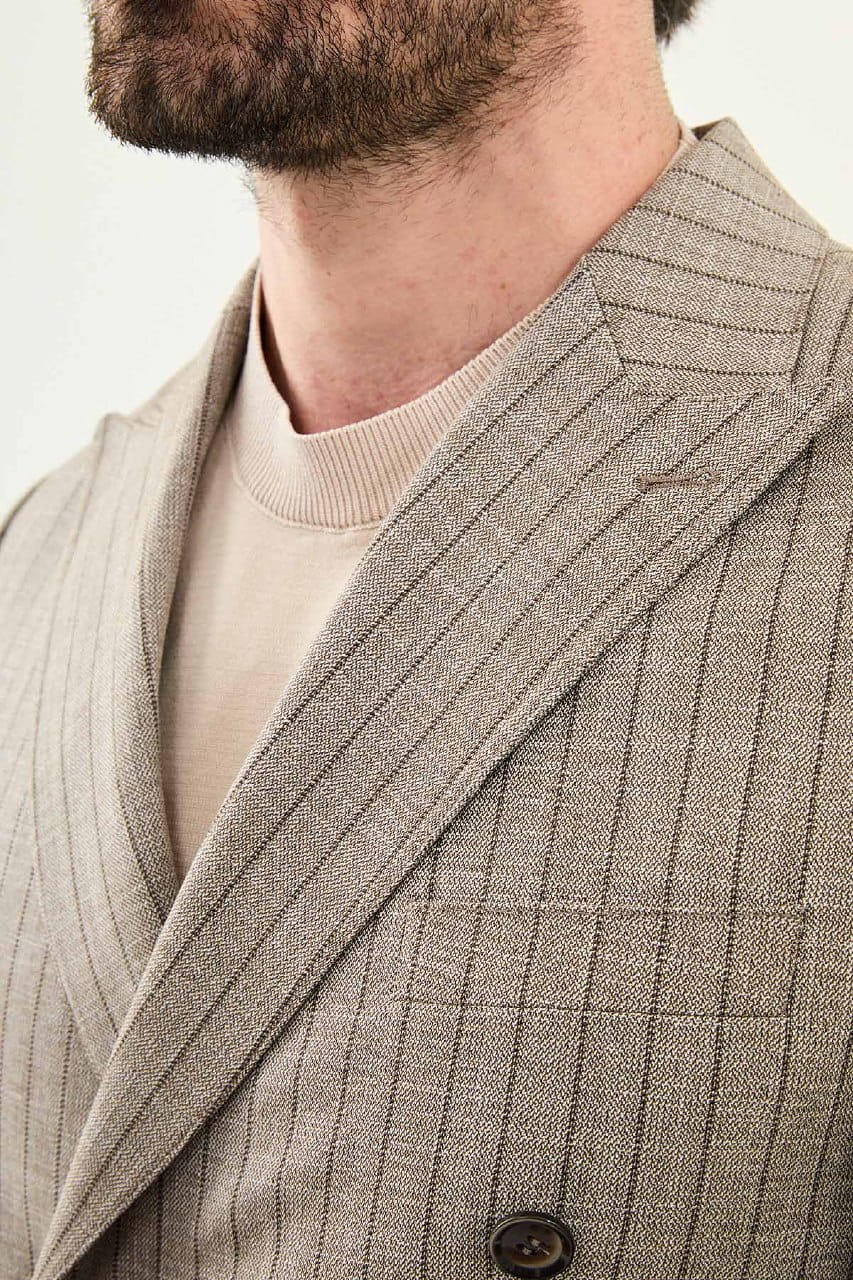 Taupe Brown Slim Fit Double-Breasted Blazer — Pinstripe