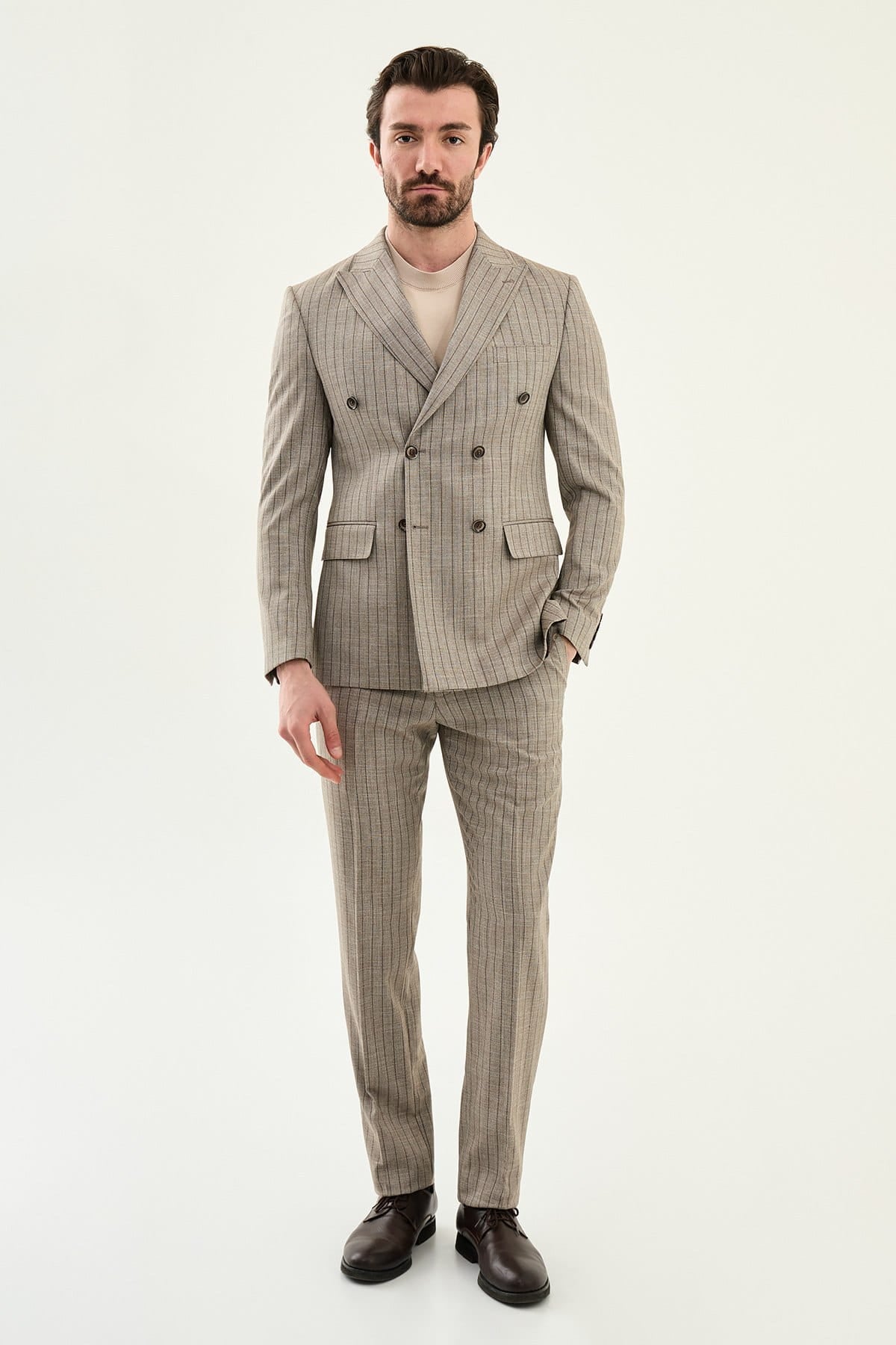Taupe Brown Slim Fit Double-Breasted Blazer — Pinstripe