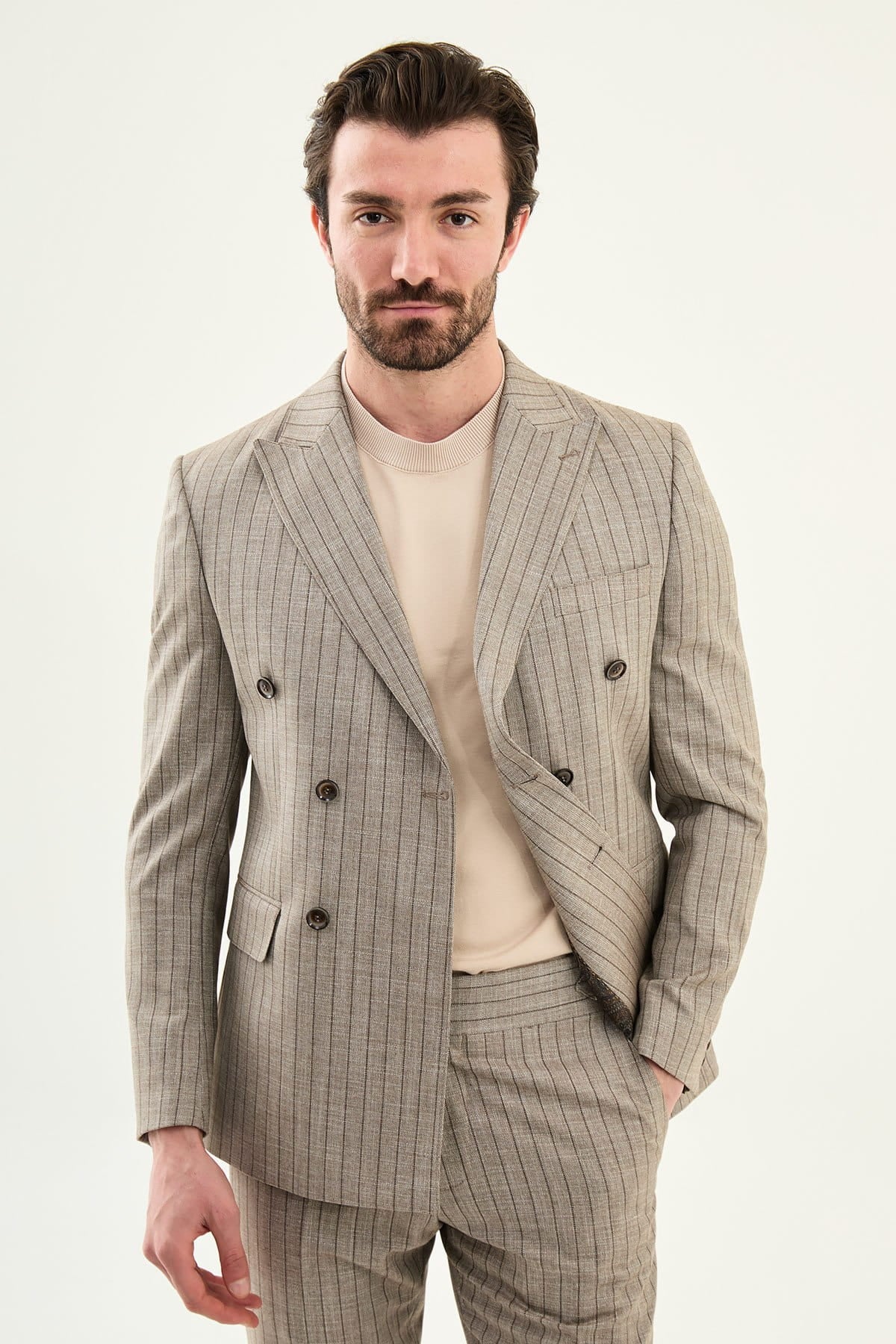 Taupe Brown Slim Fit Double-Breasted Blazer — Pinstripe