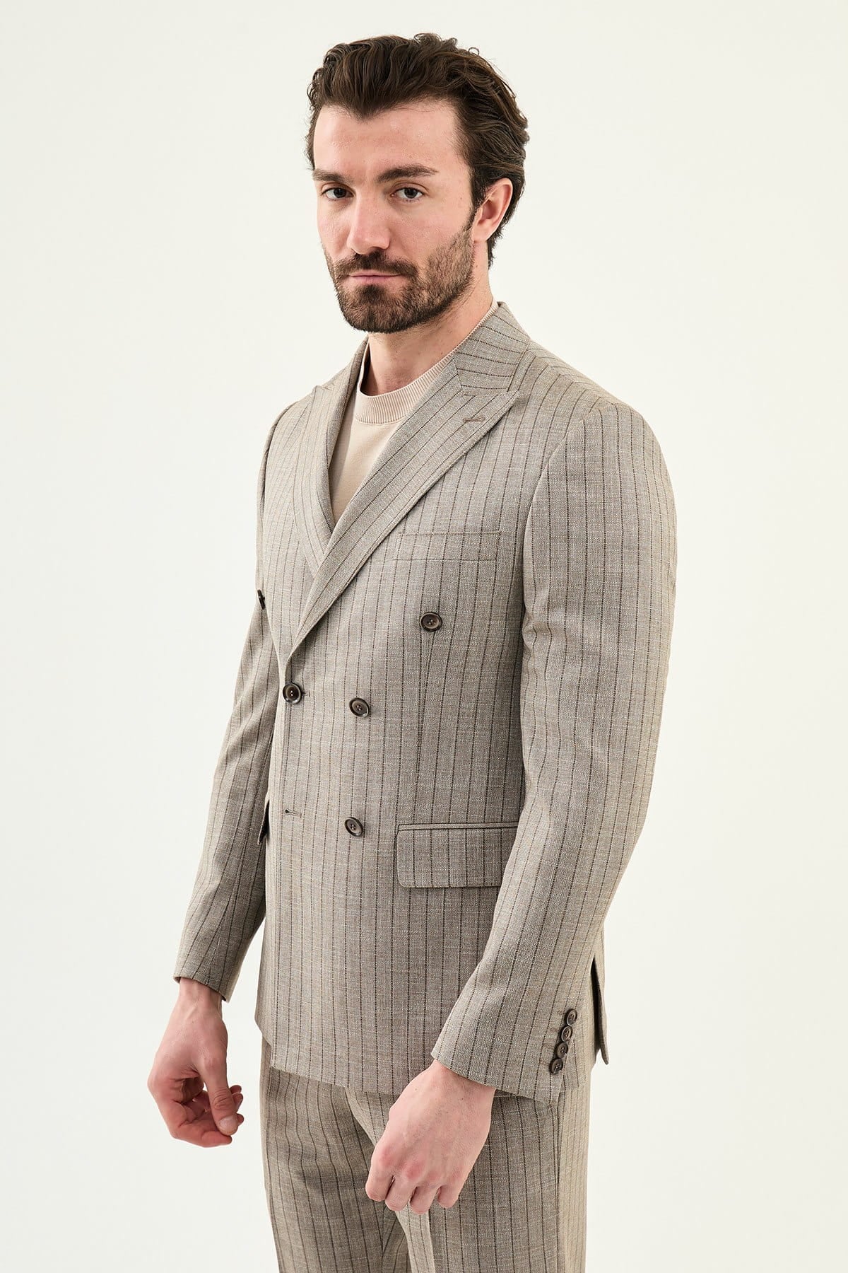 Taupe Brown Slim Fit Double-Breasted Blazer — Pinstripe