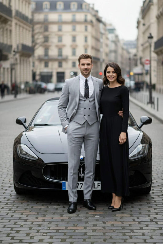 Man in a gray suit and woman in a black dress standing in front of a black car on a city street.
