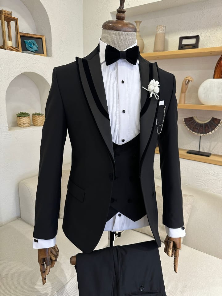 Streamlined Noir Slim Fit Black Tuxedo on display