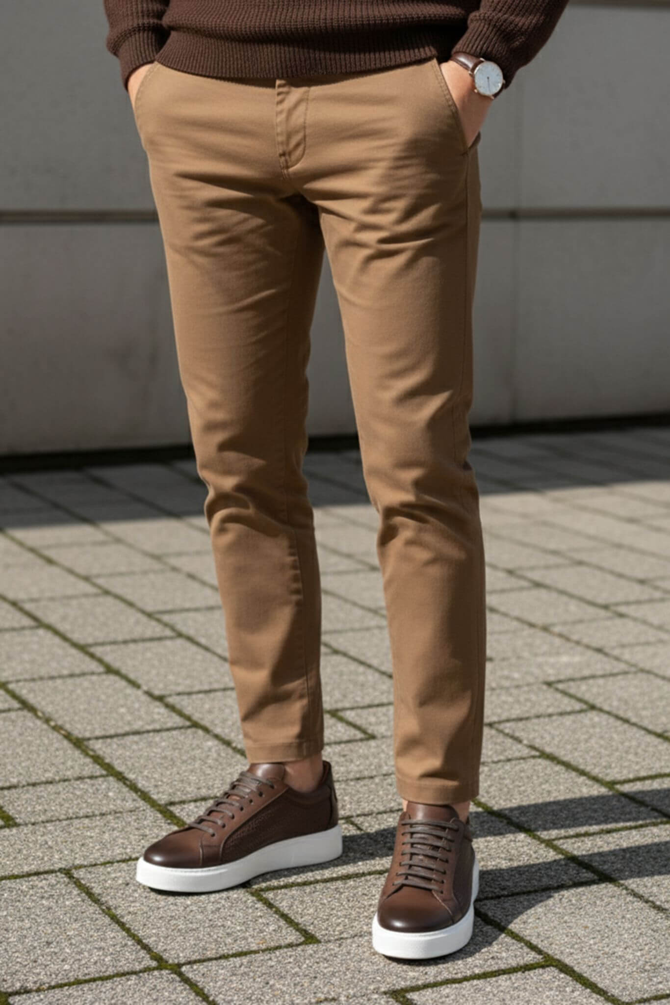 Person wearing brown pants and shoes on a paved surface
