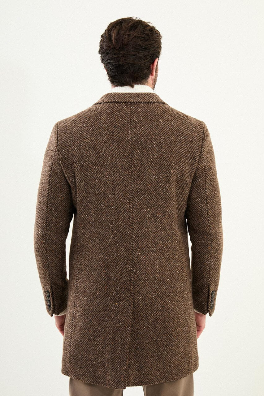 Beige Herringbone Wool Blend Overcoat - SUITHARBOR