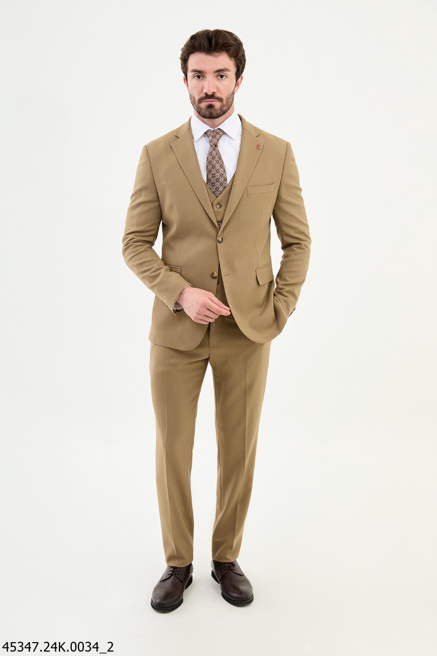Beige Textured Men's Three - Piece Suit - SUITHARBOR
