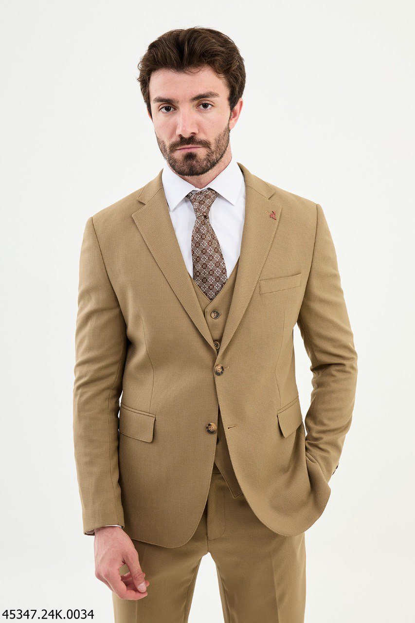 Beige Textured Men's Three - Piece Suit - SUITHARBOR