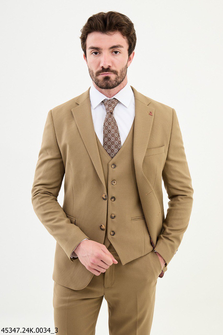 Beige Textured Men's Three - Piece Suit - SUITHARBOR