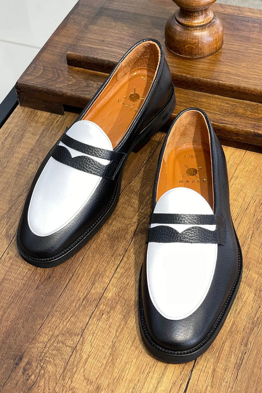 Bicolor Leather Penny Loafers in Black and White - SUITHARBOR
