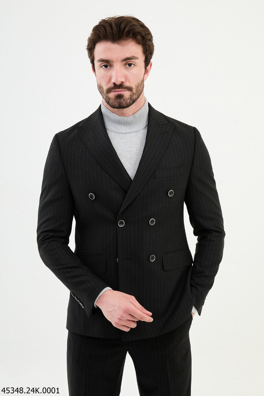 Black Pinstripe Double - Breasted Suit for Men - SUITHARBOR