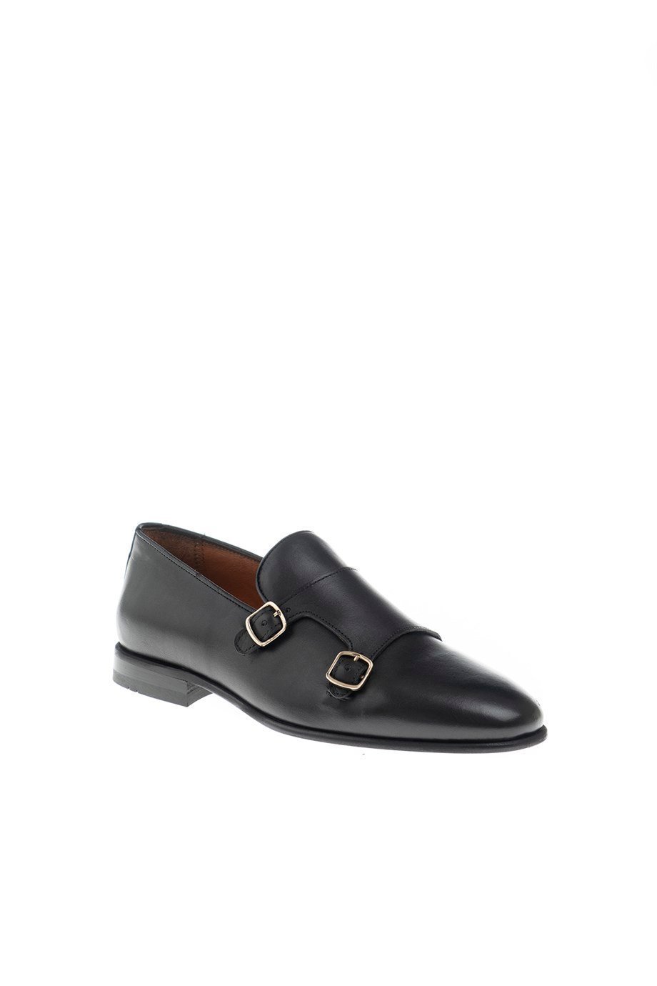 Black Smooth Leather Double Monk Strap Loafers - SUITHARBOR