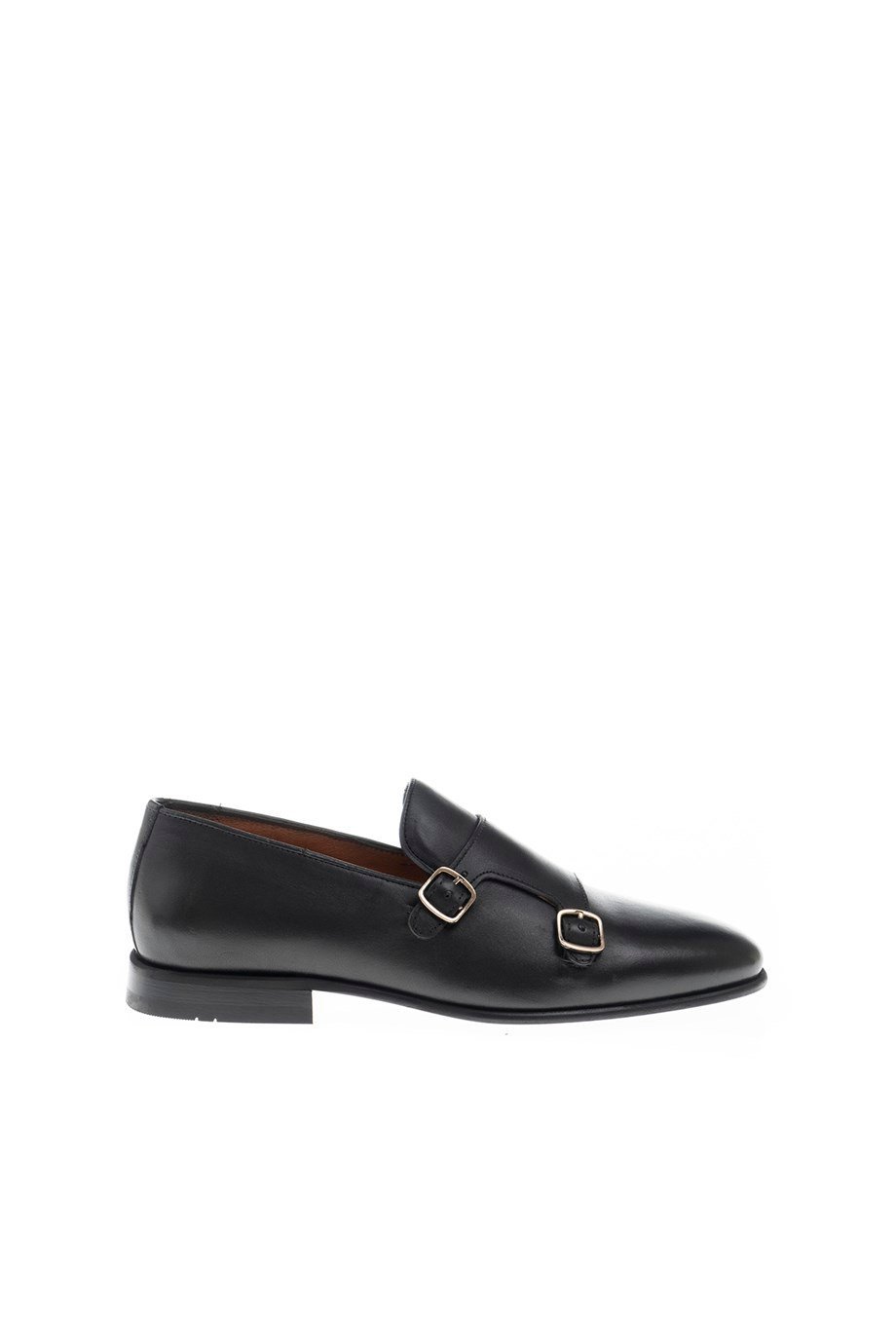 Black Smooth Leather Double Monk Strap Loafers - SUITHARBOR