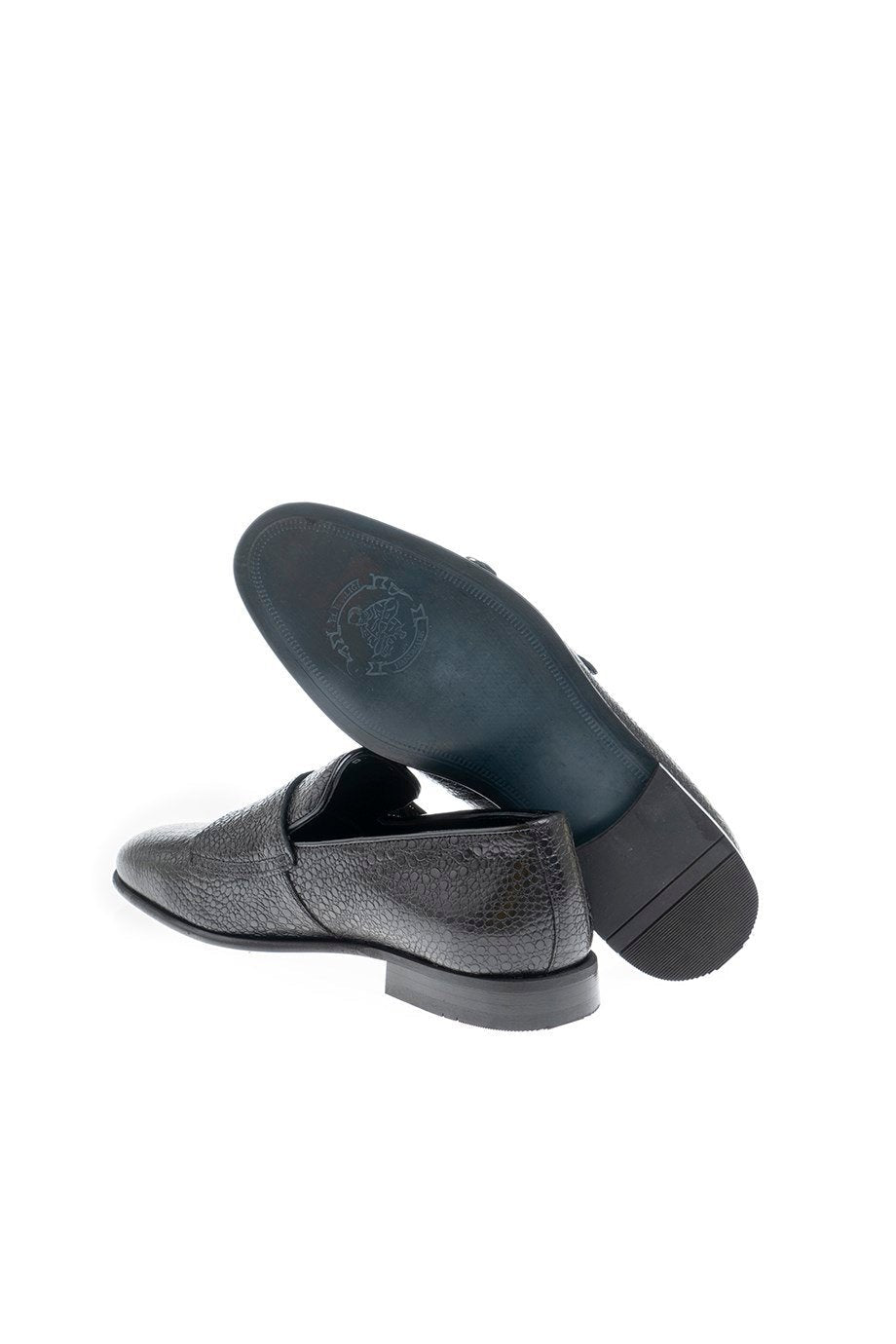 Black Textured Leather Double Monk Strap Loafers - SUITHARBOR