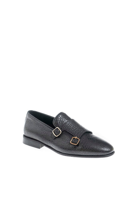 Black Textured Leather Double Monk Strap Loafers - SUITHARBOR