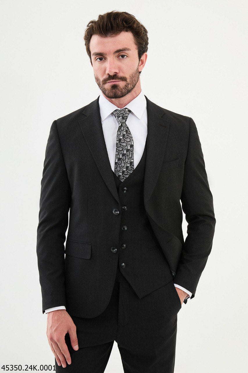 Black Three - Piece Suit with Paisley Accent Tie - SUITHARBOR