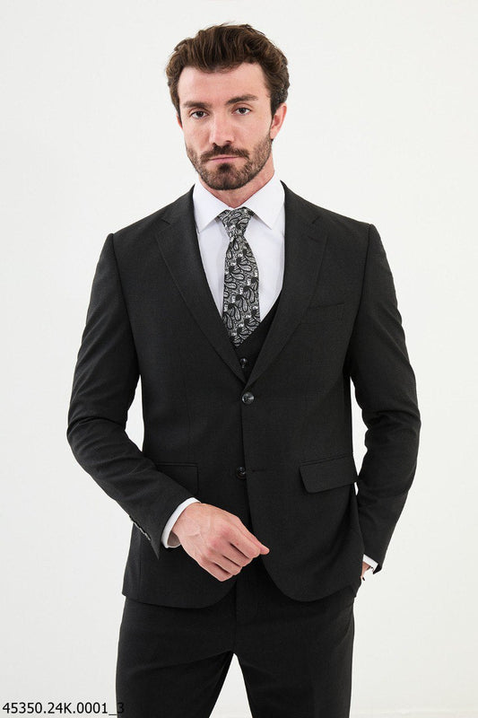 Black Three - Piece Suit with Paisley Accent Tie - SUITHARBOR