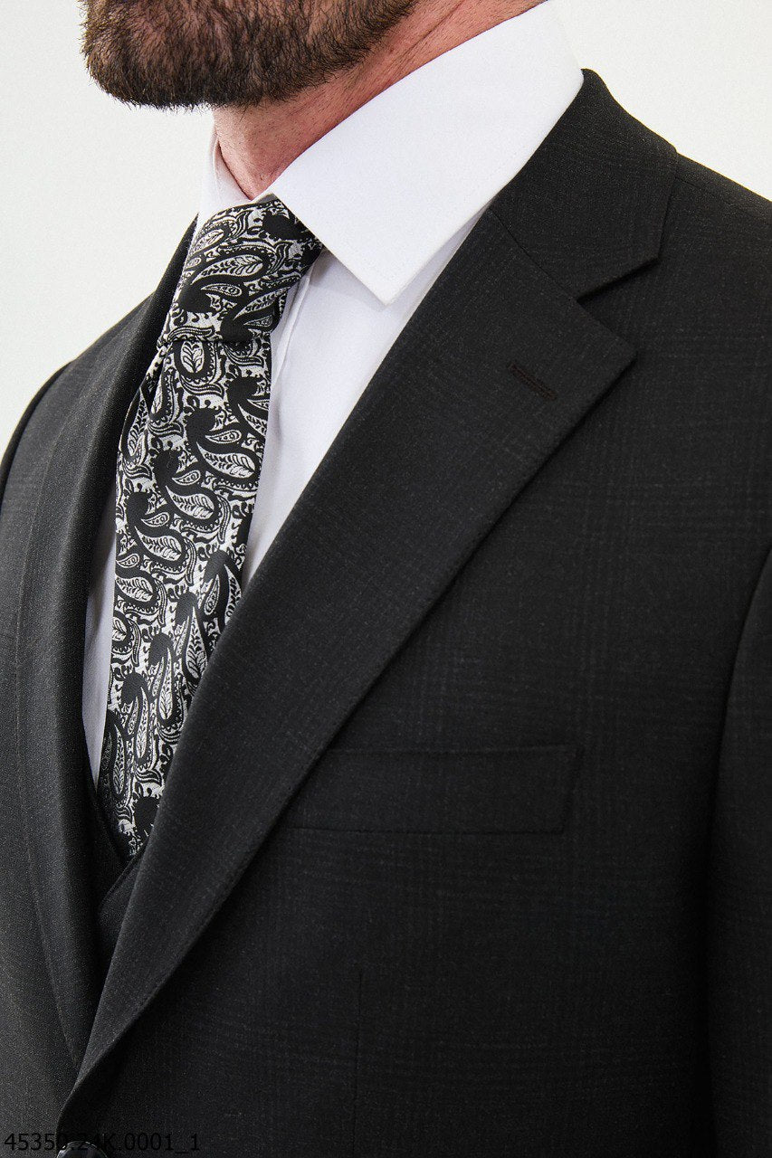 Black Three - Piece Suit with Paisley Accent Tie - SUITHARBOR