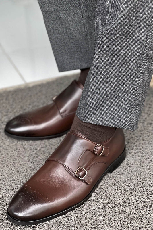 Brown Calfskin Leather Double Monk Strap Shoes with Brogue Detailing - SUITHARBOR