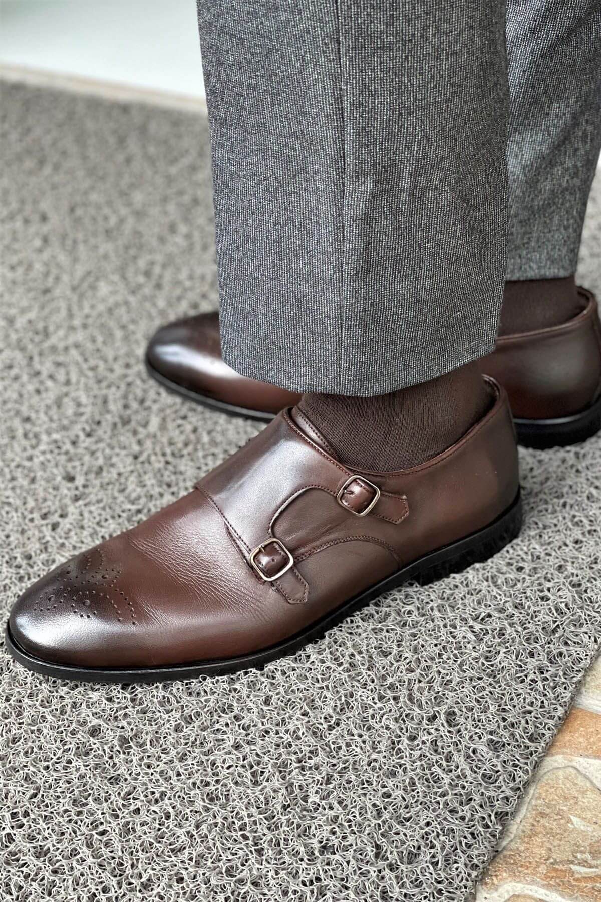 Brown Calfskin Leather Double Monk Strap Shoes with Brogue Detailing - SUITHARBOR