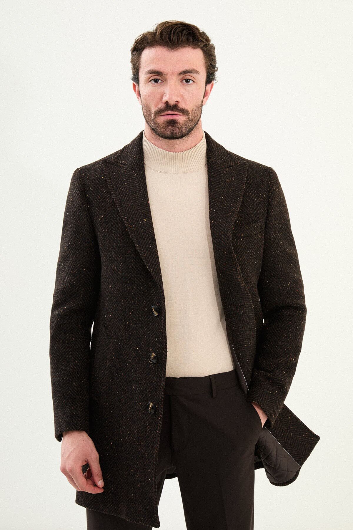 Brown Herringbone Wool Blend Overcoat - SUITHARBOR
